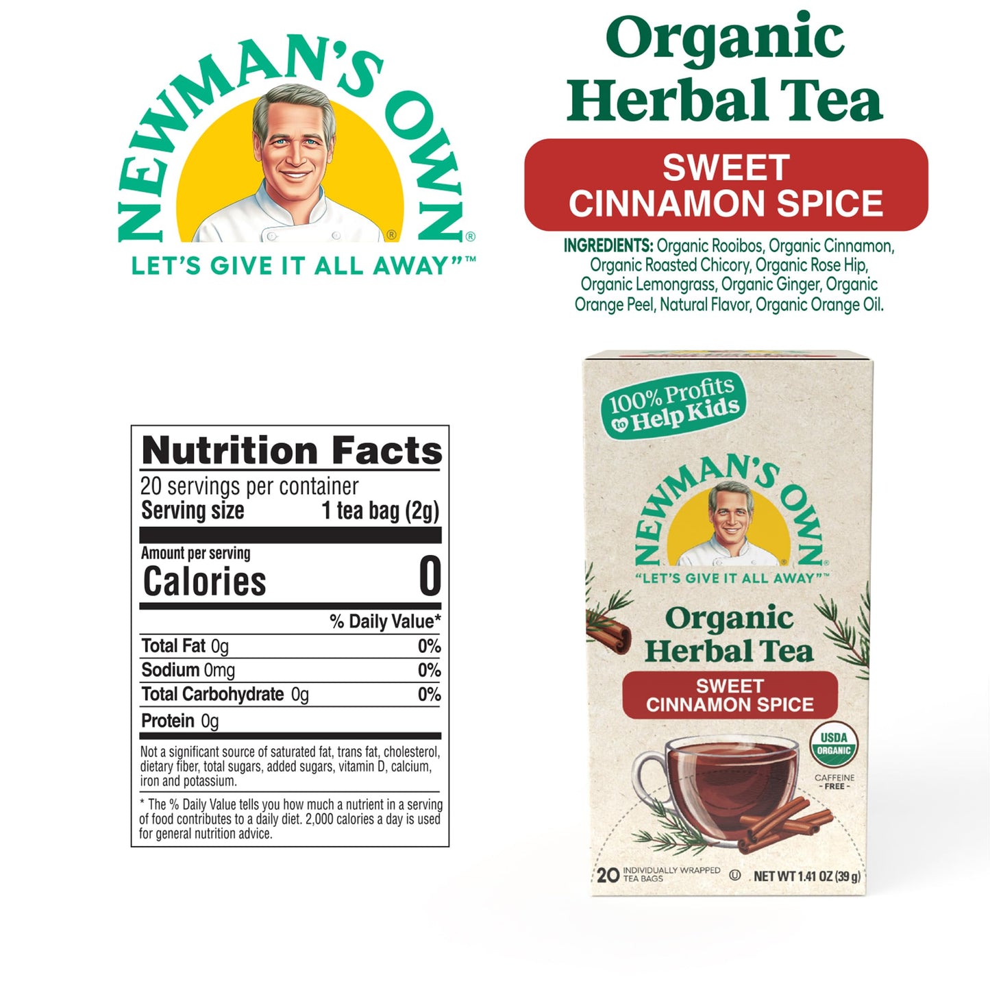 Newman's Own Organic Sweet Cinnamon Spice Herbal Tea with Rooibos Tea with Organic Ginger 20 Individually Wrapped Tea Bags Per Box (Pack of 2) USDA Certified and Kosher Cinnamon Tea Caffeine-Free