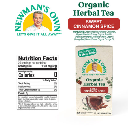 Newman's Own Organic Sweet Cinnamon Spice Herbal Tea with Rooibos Tea with Organic Ginger 20 Individually Wrapped Tea Bags Per Box (Pack of 2) USDA Certified and Kosher Cinnamon Tea Caffeine-Free