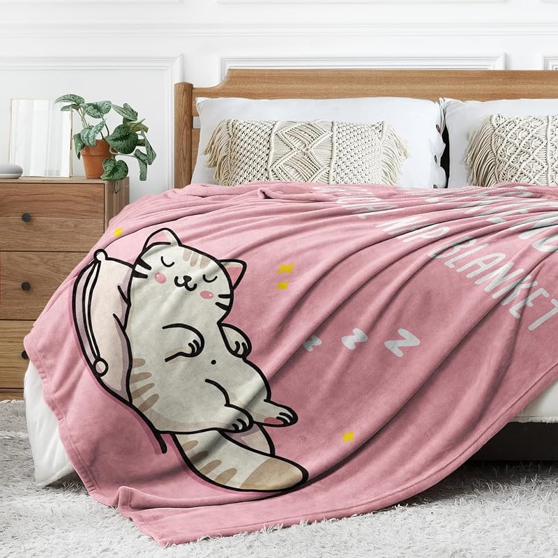 Girlfriend Gift Blanket - 80x60 in Pink Nap Cartoon Cats Cozy Throw