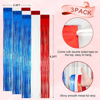 Voircoloria Red, White & Blue Foil Fringe Backdrop Curtains - 3 Pack Tinsel Streamers for Patriotic Celebrations | 3.3 x 8.2 ft