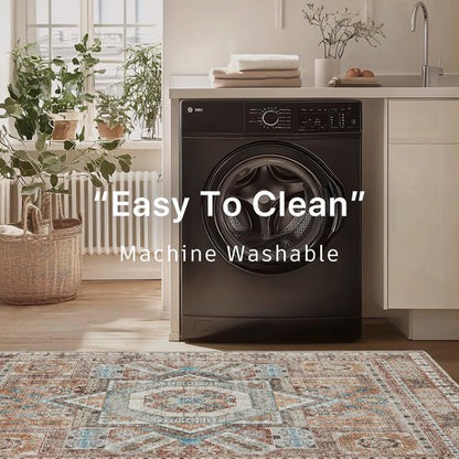 DCX Washable 8x10 Area Rug, Soft Machine Washable Non Slip with Rubber Backing Vintage Rug, Kid & Pet Friendly Living Room Area Rugs 8x10, Foldable Rugs for Bedroom Dining Room Office-Brown