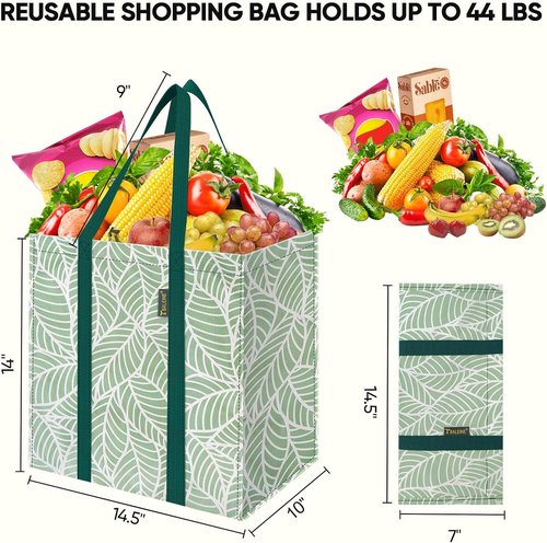 BALEINE Reusable Grocery Bags - Heavy Duty Foldable Tote with Reinforced Bottom | Antique Foliage, 4 Pack