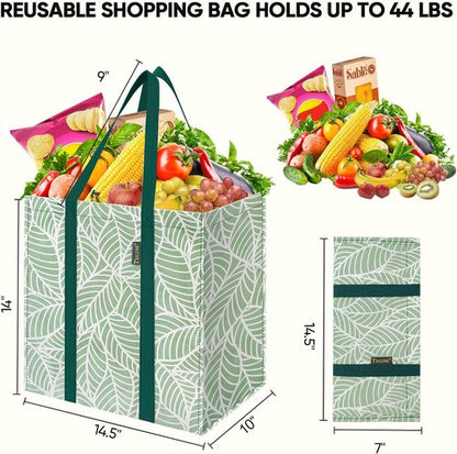 BALEINE Reusable Grocery Bags - Heavy Duty Foldable Tote with Reinforced Bottom | Antique Foliage, 4 Pack