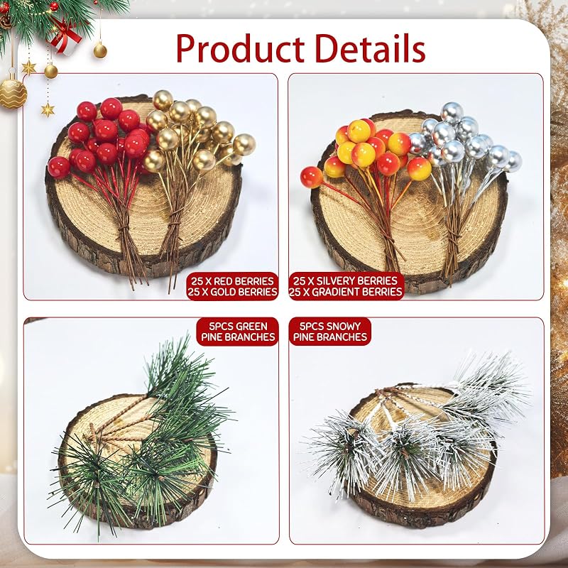 Snowy Pine Cones & Berry Stem Craft Kit - 140 Pcs Holiday Decor (Variation: Snow)