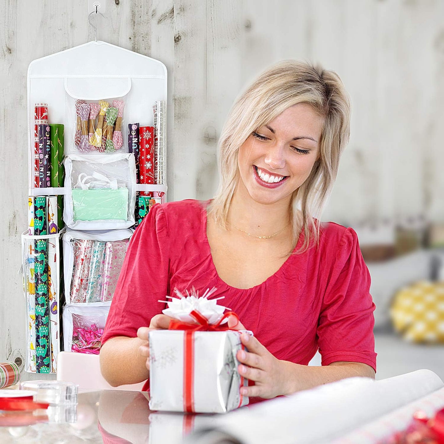 SumDirect Double-Sided Gift Wrap Organizer - White Hanging Storage for Wrapping Paper & Gift Bags