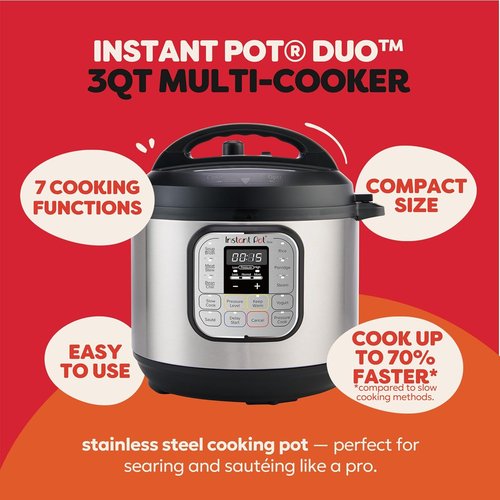 Instant Pot Duo Mini Electric Pressure Cooker - 7-in-1 Multi-Function, 3 Quart, Stainless Steel, Free Recipe App