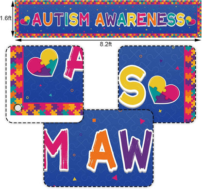 Nepnuser Autism Awareness Fence Banner - Love Needs No Words | Large 1.6 x 8.2 ft Outdoor Sign