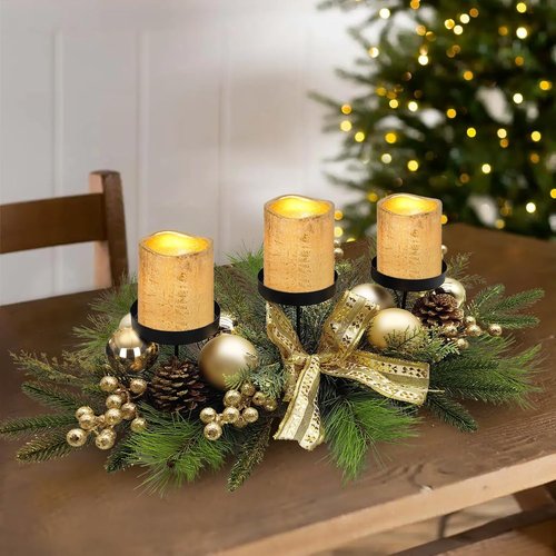 Gold Glittery Christmas Candle Centerpiece - Festive Berries & Pinecones | 27.5 Inch