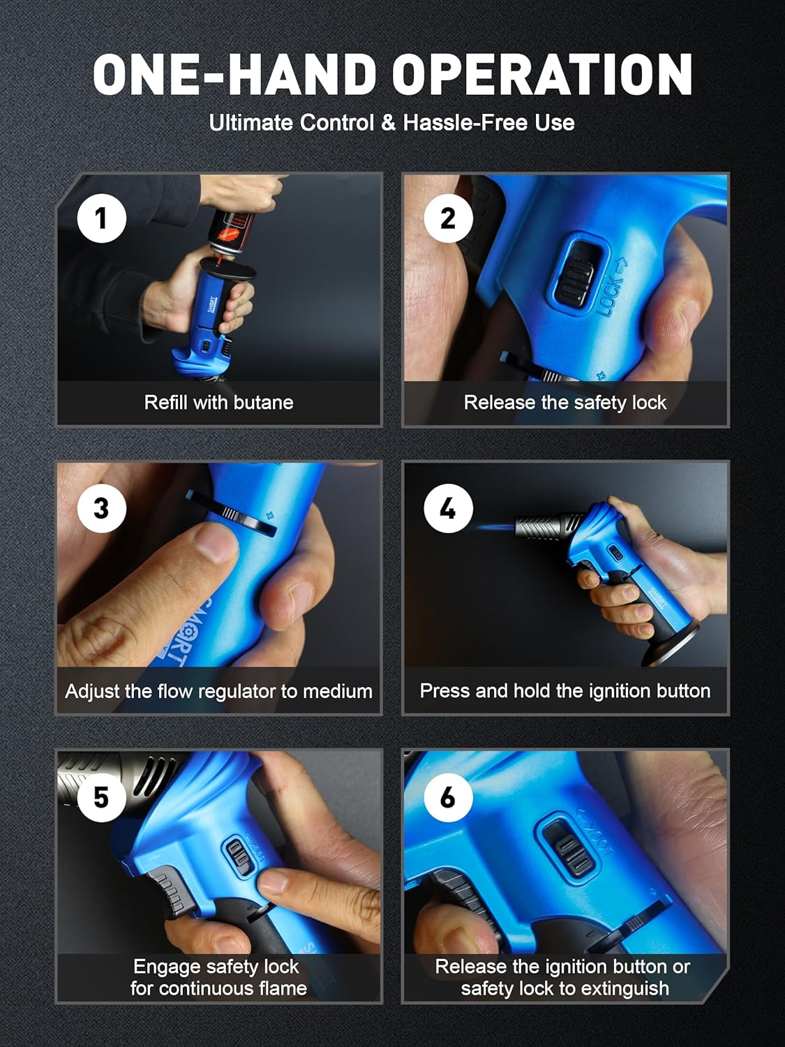 SMART JERRY Mini Torch Gun - Windproof Butane Lighter with Safety Lock | Adjustable Flame Up to 1500℃ for Cooking, BBQ, and Soldering