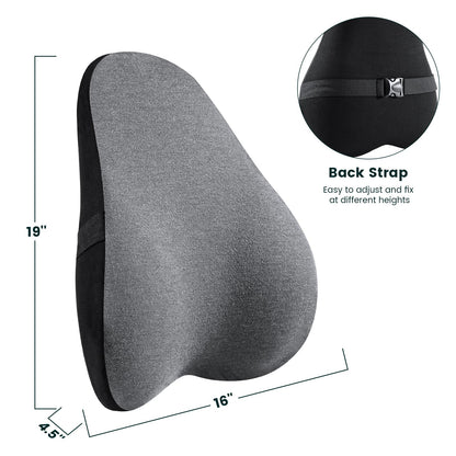 Memobarco Lumbar Support Pillow, Patented Ergonomic Back Cushion for Lower Back Pain Relief, Travel Pillow with Strap for Office Chairs, Cars, Trucks, Airplane, Train, Hard Bench, Memory Foam, Gray