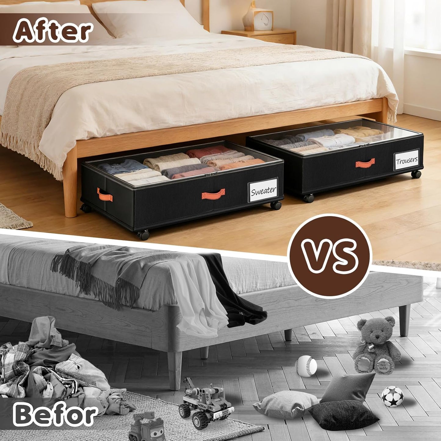 Under Bed Storage - 2-Pack Rolling Storage Drawers with Clear Lids | 66L Organizer Bins for Clothes & Shoes (30" L x 16.2" W x 7.5" H)