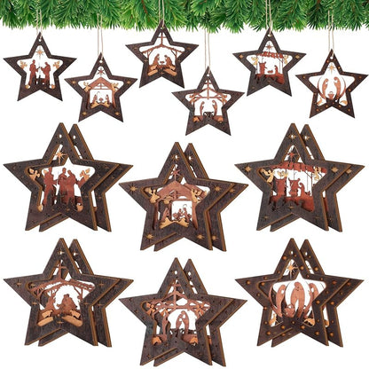 Spiareal 12 Pcs Christmas Nativity Ornaments - Dark Color Wood Set, 6 Styles