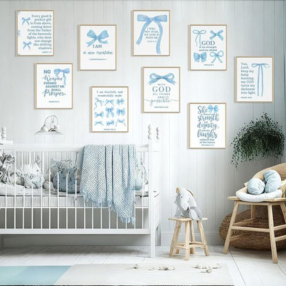 Chiisong Blue Bow Wall Art Decor - 9 Inspirational Bible Verse Poster Prints | 14 x 11'' Unframed for Girly Aesthetic Room