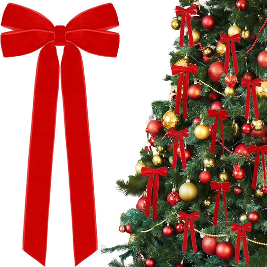 Valentines Tree Decorations - 12 Pcs Red Velvet Ribbon Bows | 5in x 8.7in Xmas Ornaments for Holiday Decor