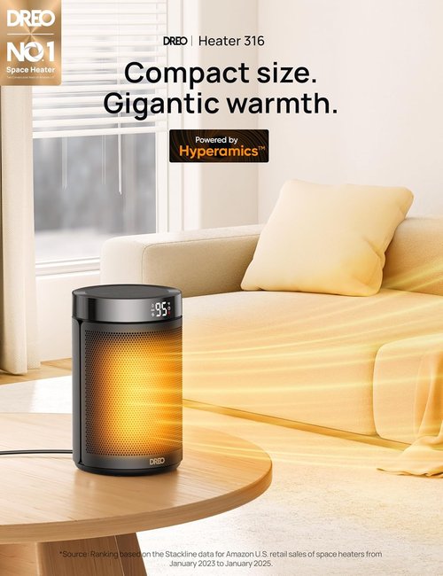 DREO Portable Electric Space Heater - 1500W PTC Ceramic with Thermostat & Digital Display | Eco Mode, Black