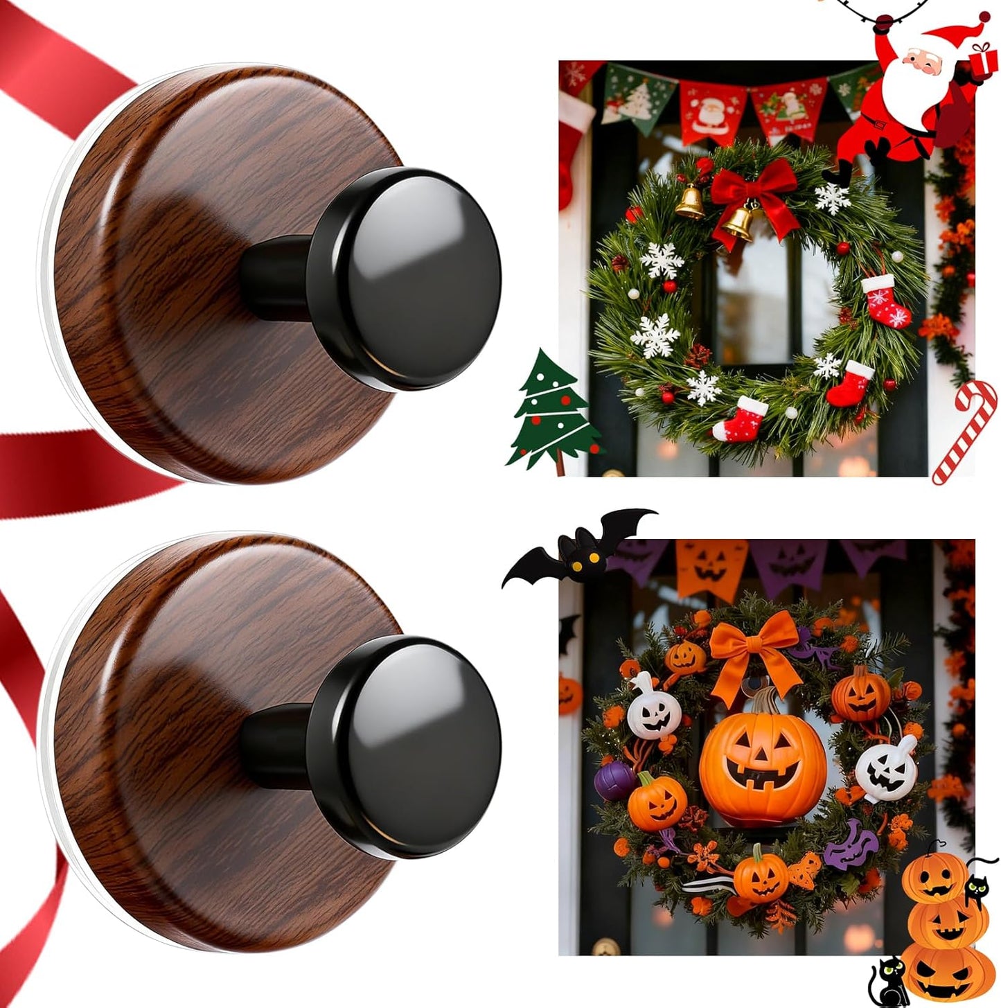 Walnut Wreath Hanger - Heavy Duty Suction Cup Hook for Front Door | 2-Pack for All Seasons
