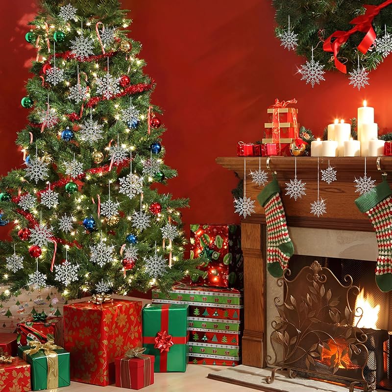36Pcs Silver Glitter Snowflake Ornaments - 2 Sizes, 2 Patterns with Hanging Rope, Christmas Tree Decorations