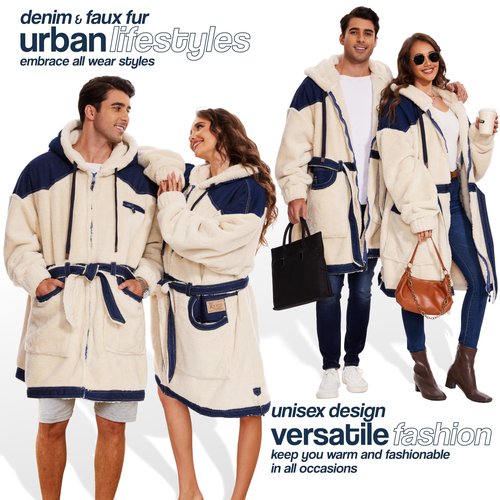 KOOETTS Wearable Blanket Hoodie Women Men With Zipper Denim & Sherpa Sweatshirt Blanket for Adult Warm & Cozy Oversized Hooded Blanket Jacket Birthday Gifts for Wife Mom Husband