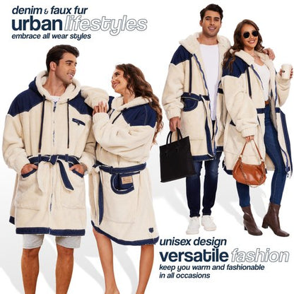 KOOETTS Wearable Blanket Hoodie Women Men With Zipper Denim & Sherpa Sweatshirt Blanket for Adult Warm & Cozy Oversized Hooded Blanket Jacket Birthday Gifts for Wife Mom Husband