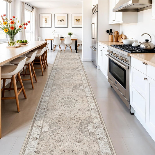 Vintage Washable Hallway Runner Rug by [Brand Name] - Ultra Soft Non-Slip Design | 3x18 Feet, Beige