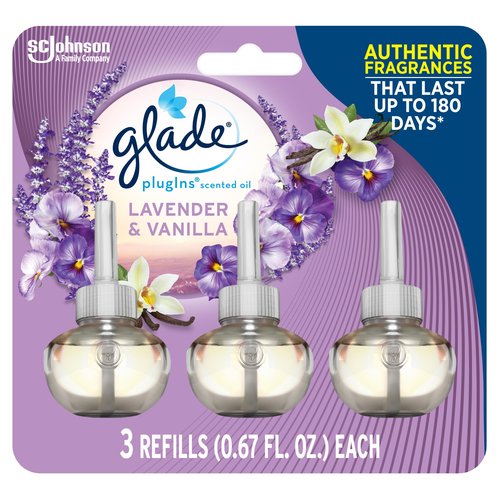 Glade PlugIns Refills Air Freshener, Scented and Essential Oils for Home and Bathroom, Lavender & Vanilla, 2.01 Fl Oz, 3 Count