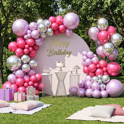 RUBFAC Metallic Pink Balloons - 129-Piece Latex Chrome Balloon Garland Kit for Parties & Events