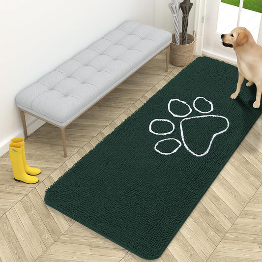 OLANLY Dog Door Mat - Absorbent Non-Slip Mud Mat for Muddy Paws | 59x24, Quick Dry Chenille, Blackish Green