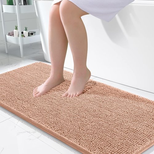 OLANLY Bathroom Rugs 47x24, Extra Soft Absorbent Chenille Bath Rugs, Rubber Backing Quick Dry, Machine Washable Bath Mats for Bathroom Floor, Tub and Shower, Home Decor Accessories, Peach