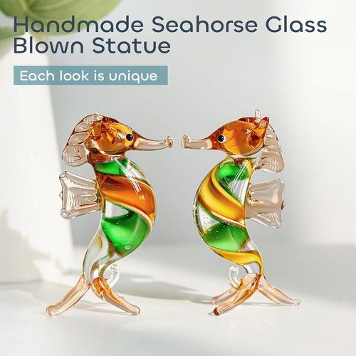 HDCRYSTALGIFTS Seahorse Art Glass Figurine - Handmade 3'' Miniature Ocean Decor Collectible