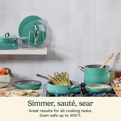 Cuisinart 12-Piece Ceramic Cookware Set - Nonstick Pots & Pans for Even Heat Cooking | Teal, Dishwasher Safe