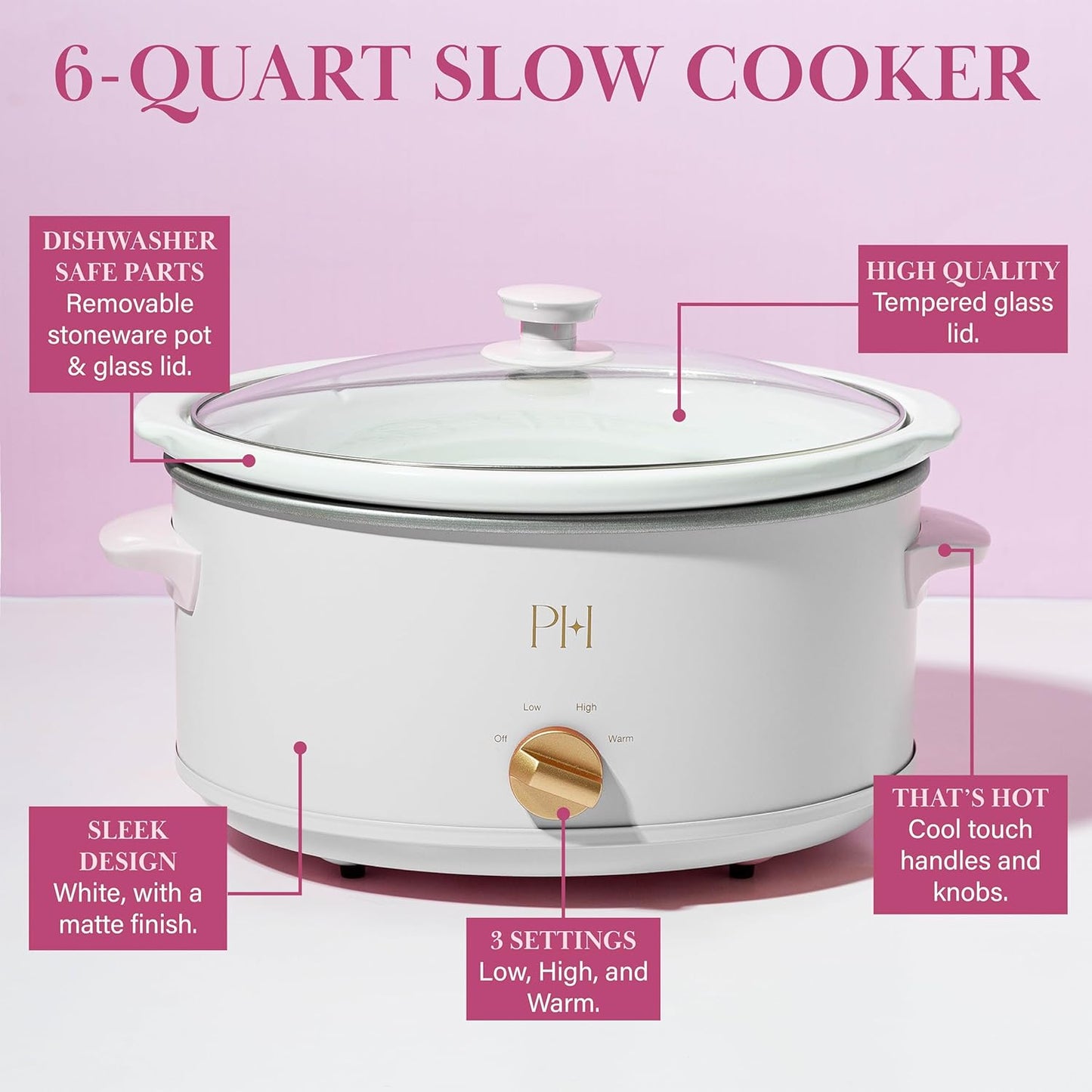 Paris Hilton 6-Quart Manual Slow Cooker - Three Settings, Nonstick Stoneware Insert, Family Size, White