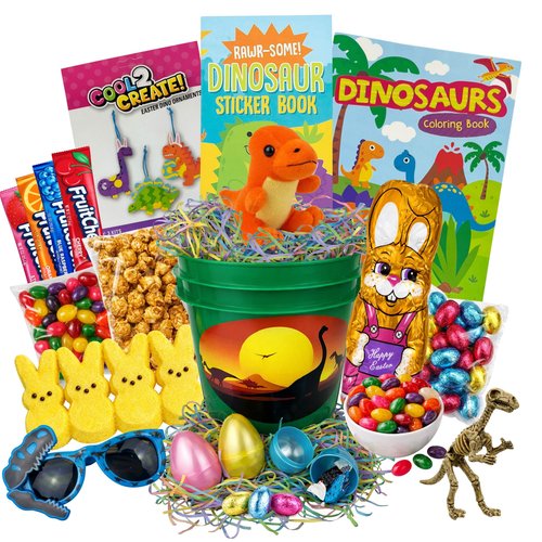 Dinosaur Easter Gift Basket For Kids, Boys, Girls - Filled with Easter Eggs, Candy, Chocolate - Care Package for Family and Friends