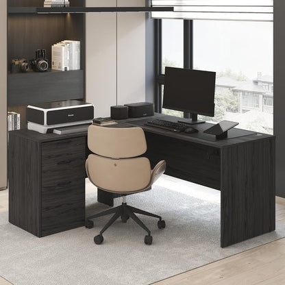 Furinno Roger 60-Inch L-Shaped Executive Desk - Stylish Home Office Desk with File Cabinet in Coastal Grey