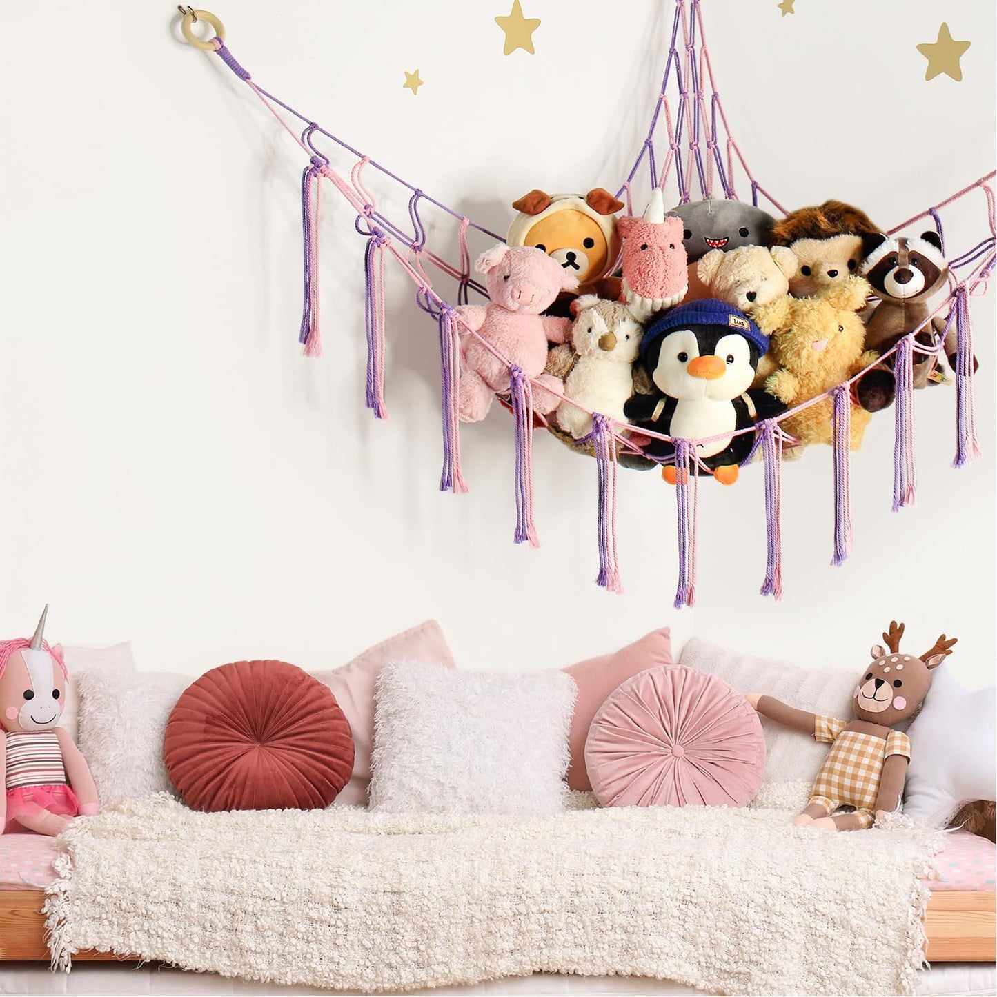 Mirolam Large Stuffed Animal Hammock - Corner Net Toy Storage Organizer for Girls' Room | Pink & Purple Boho Decor