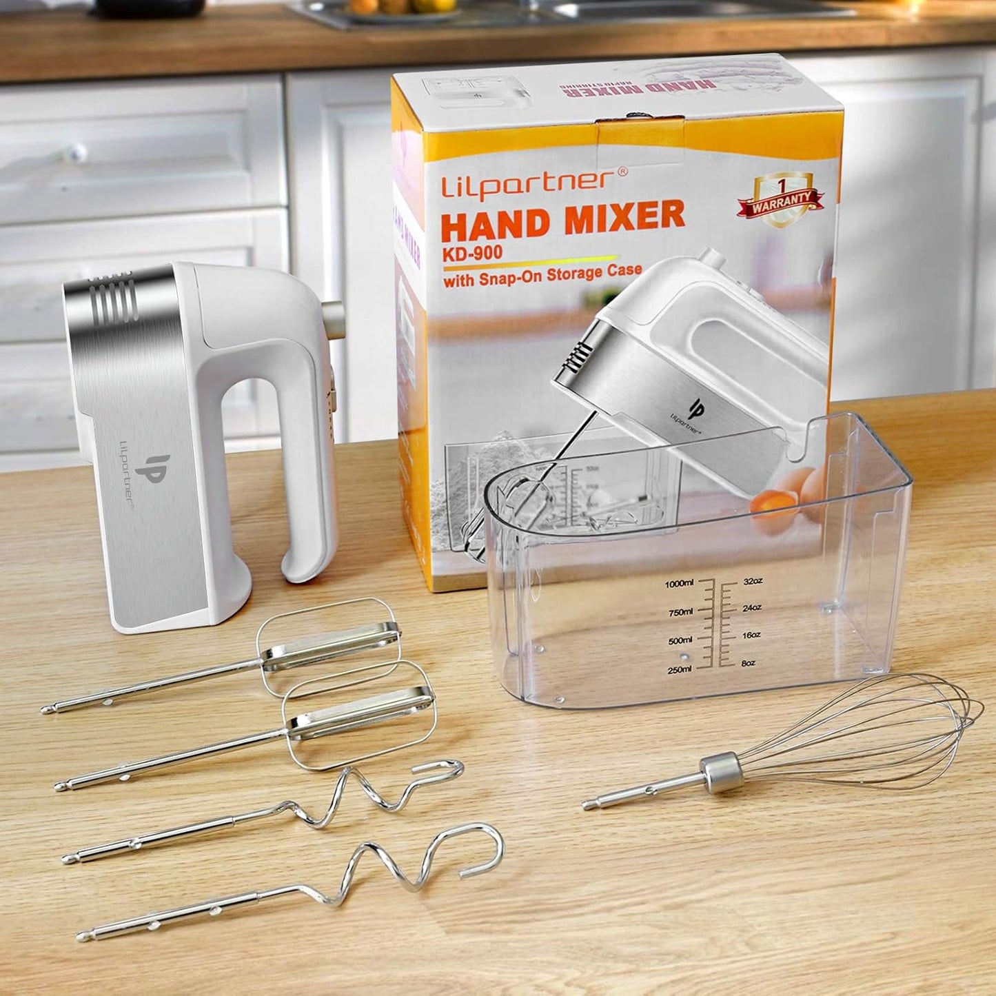 Skiennix Electric Hand Mixer - 450W Kitchen Mixer with Turbo Boost, 5 Speeds & Stainless Steel Accessories - White