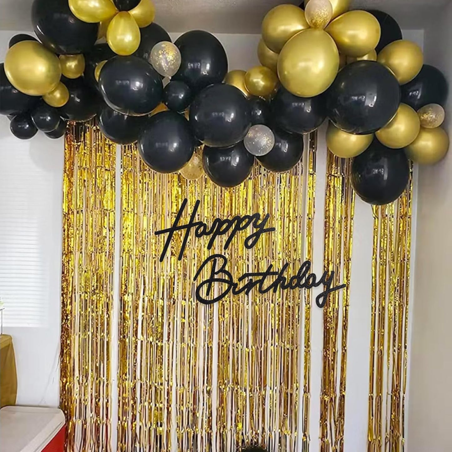 TONIFUL Happy Birthday Sign - Glitter Black Felt Banner for Stunning Party Backdrops | Includes Dot Glue