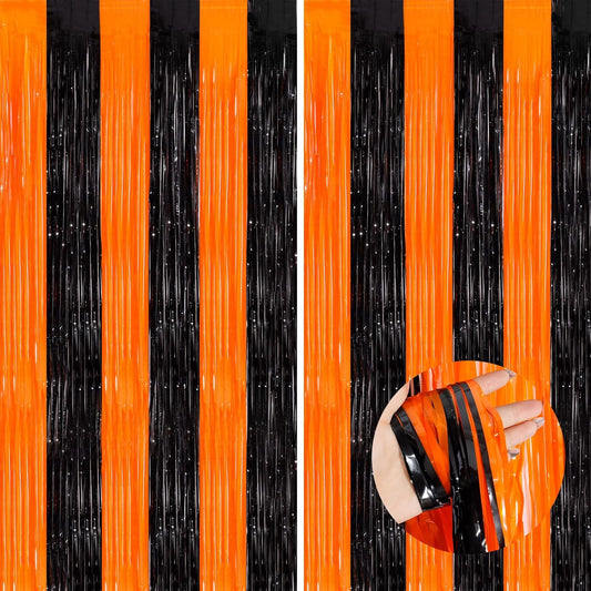 Orange Black Tinsel Foil Fringe Curtains - 2 Pack 3.3x8.3 Feet | Perfect for Birthday, Halloween & Bachelorette Party Decor