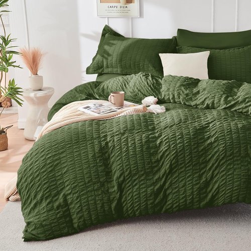 HYMOKEGE King Size Comforter Set - Olive Green Seersucker Luxury Bedding | 7-Piece All-Season Bed in a Bag