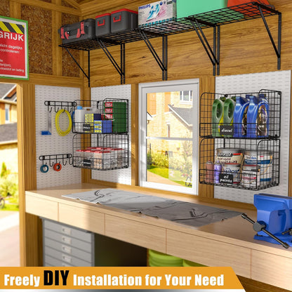 ThreeHio Garage Shelves - Heavy Duty Wall Mounted Storage with Wire Baskets & Hooks | 2 Pack