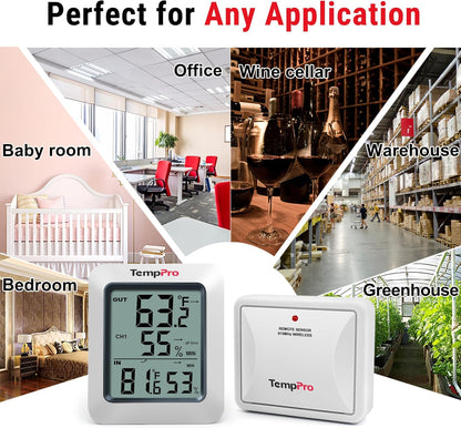 TempPro TP60 Digital Hygrometer - Wireless Temperature & Humidity Monitor | 500ft Range, Indoor/Outdoor Use