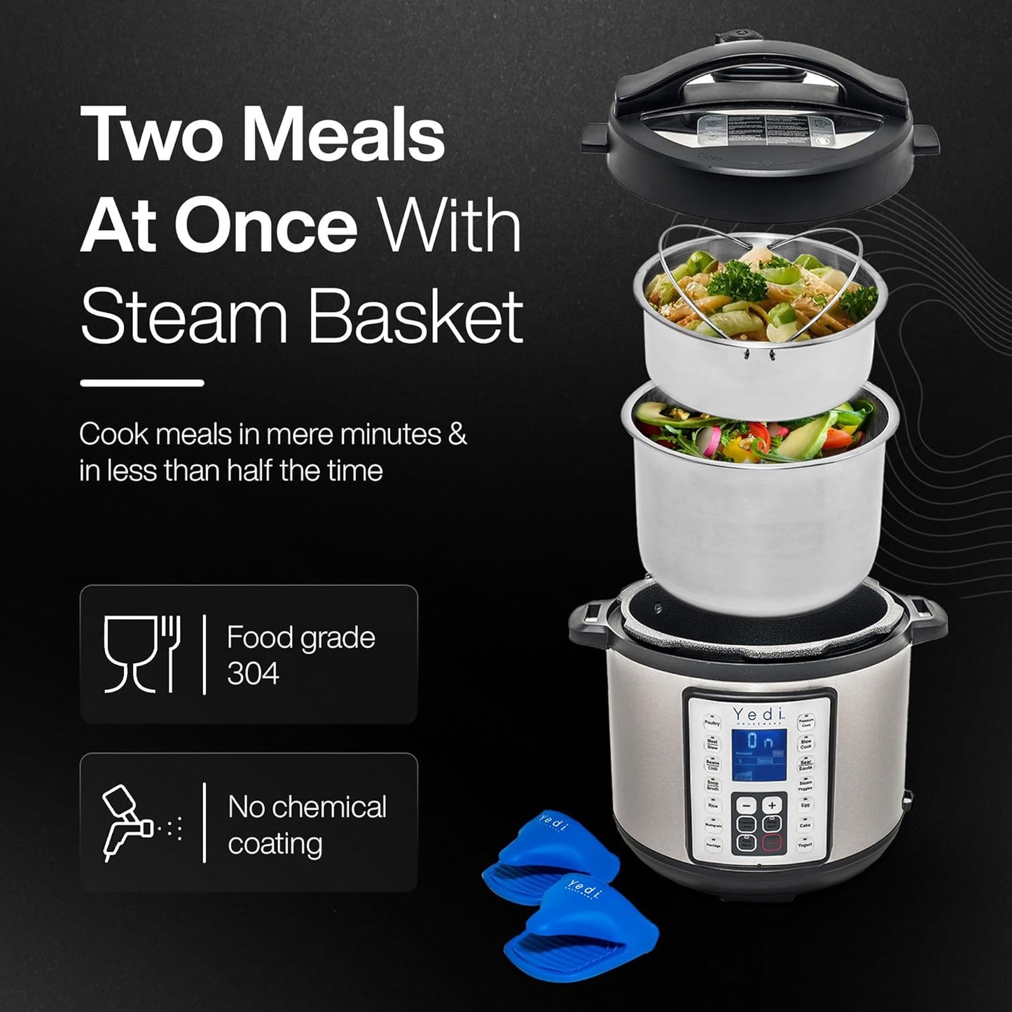 Yedi Houseware Pressure Cooker - 9-in-1 Digital Screen with Recipe Kit | Stainless Steel, 6 Liters