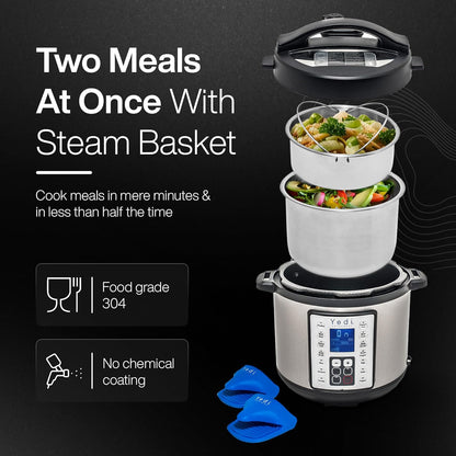 Yedi Houseware Pressure Cooker - 9-in-1 Digital Screen with Recipe Kit | Stainless Steel, 6 Liters