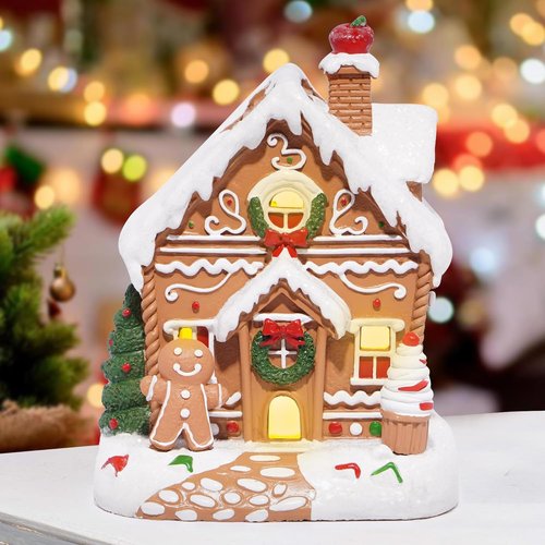 Hodao Gingerbread House Decor Figurine - Battery-Powered 5.1" Resin Village for Festive Indoor Displays