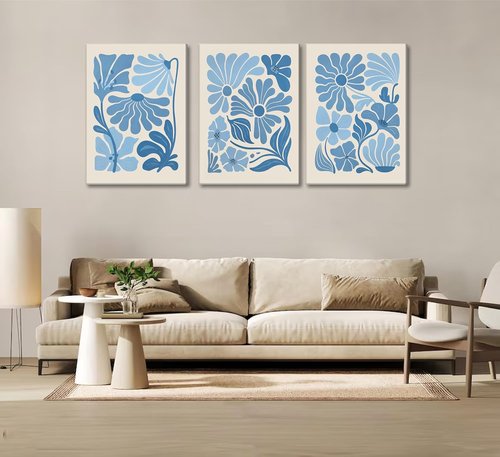 Blue Flower Market Canvas Wall Art - Boho Botanical Aesthetic Paintings for Living Room & Bedroom Decor