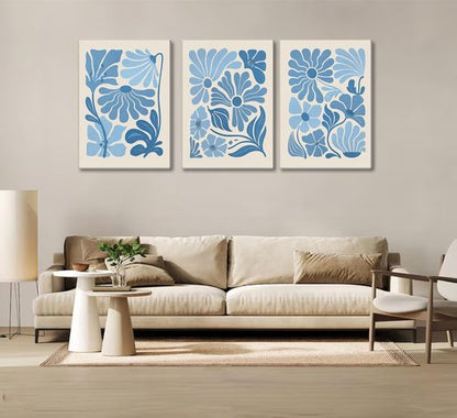 Blue Flower Market Canvas Wall Art - Boho Botanical Aesthetic Paintings for Living Room & Bedroom Decor