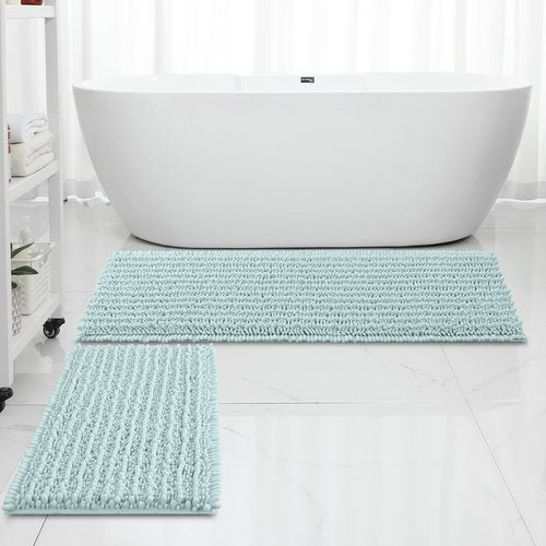 FLOLEOPA Luxury Chenille Spa Blue Bathroom Rugs Bath Mats Sets, Extra Soft and Absorbent Bathroom Rugs Non Skid Machine Wash Dry Bath Mats（47"x17" Plus 17"x24"）