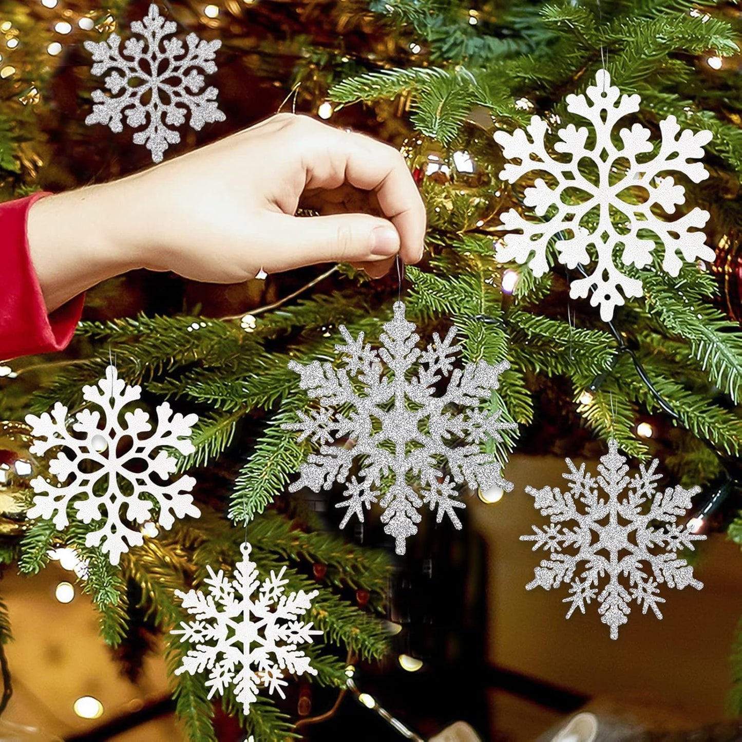 Skiennix Christmas Snowflake Ornaments - 36 Pcs Glittering White & Silver Hanging Decor for Holiday Home & Parties