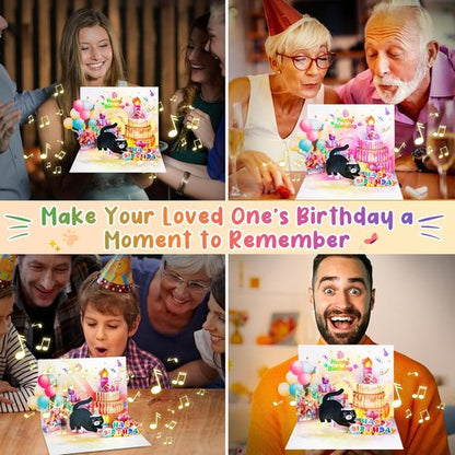 FITMITE Cute Cat Birthday Card - Pop-Up Design with Music, Lights & Blowable Candle | Perfect Gift for Cat Lovers