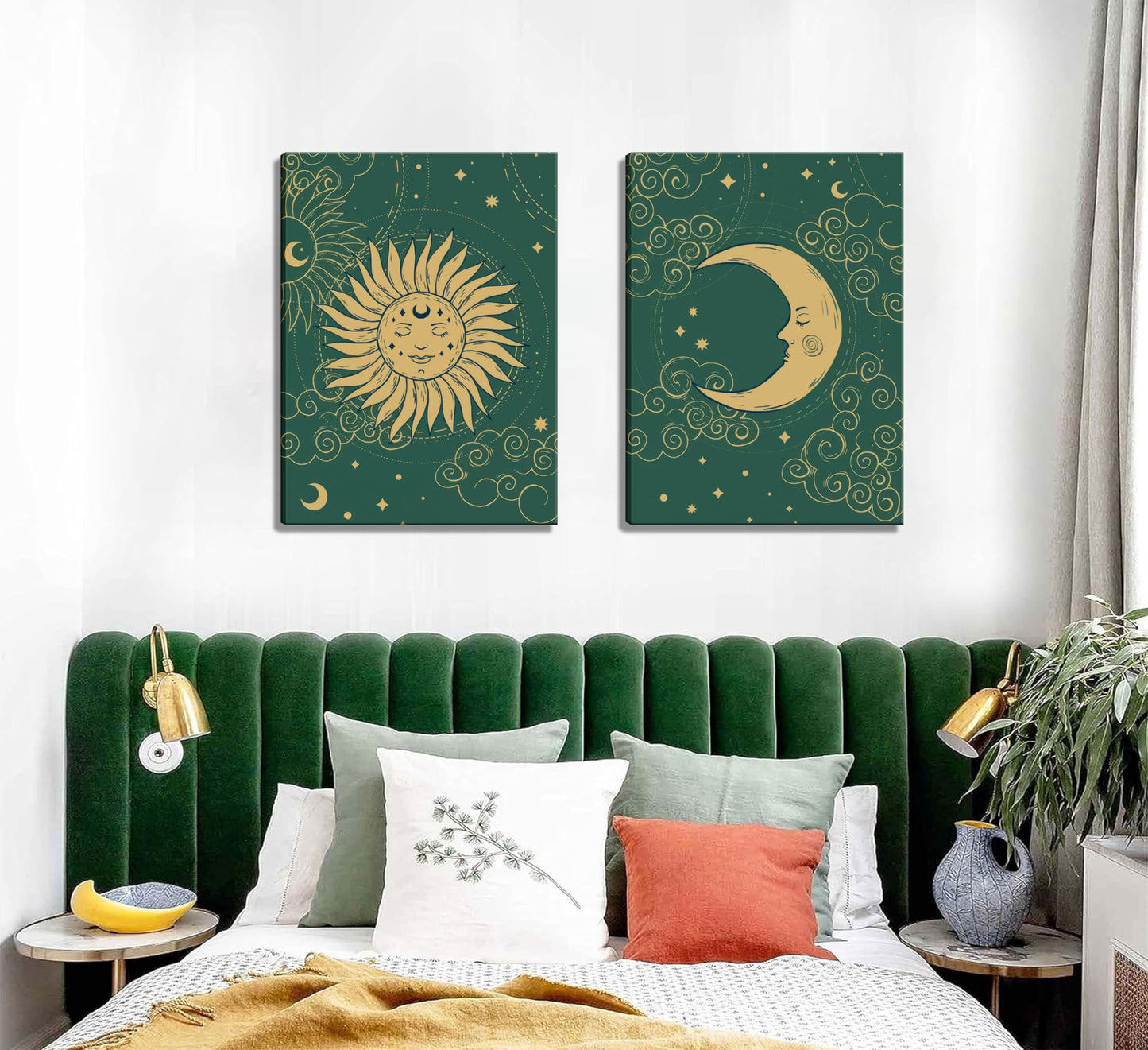 2pcs Fantastic Celestial Sun and Moon Wall Art Pictures, Astrology Posters Prints, Gold and Green Canvas Paintings, Tarot Cards Bohemian Wall Decor Medieval European Bedroom Decor, Living Room