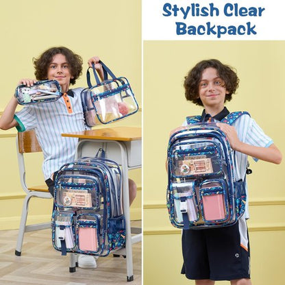 Fimibuke Clear Backpack - Heavy Duty PVC Transparent Design with Lunch Box & Pencil Case | School Approved for Boys